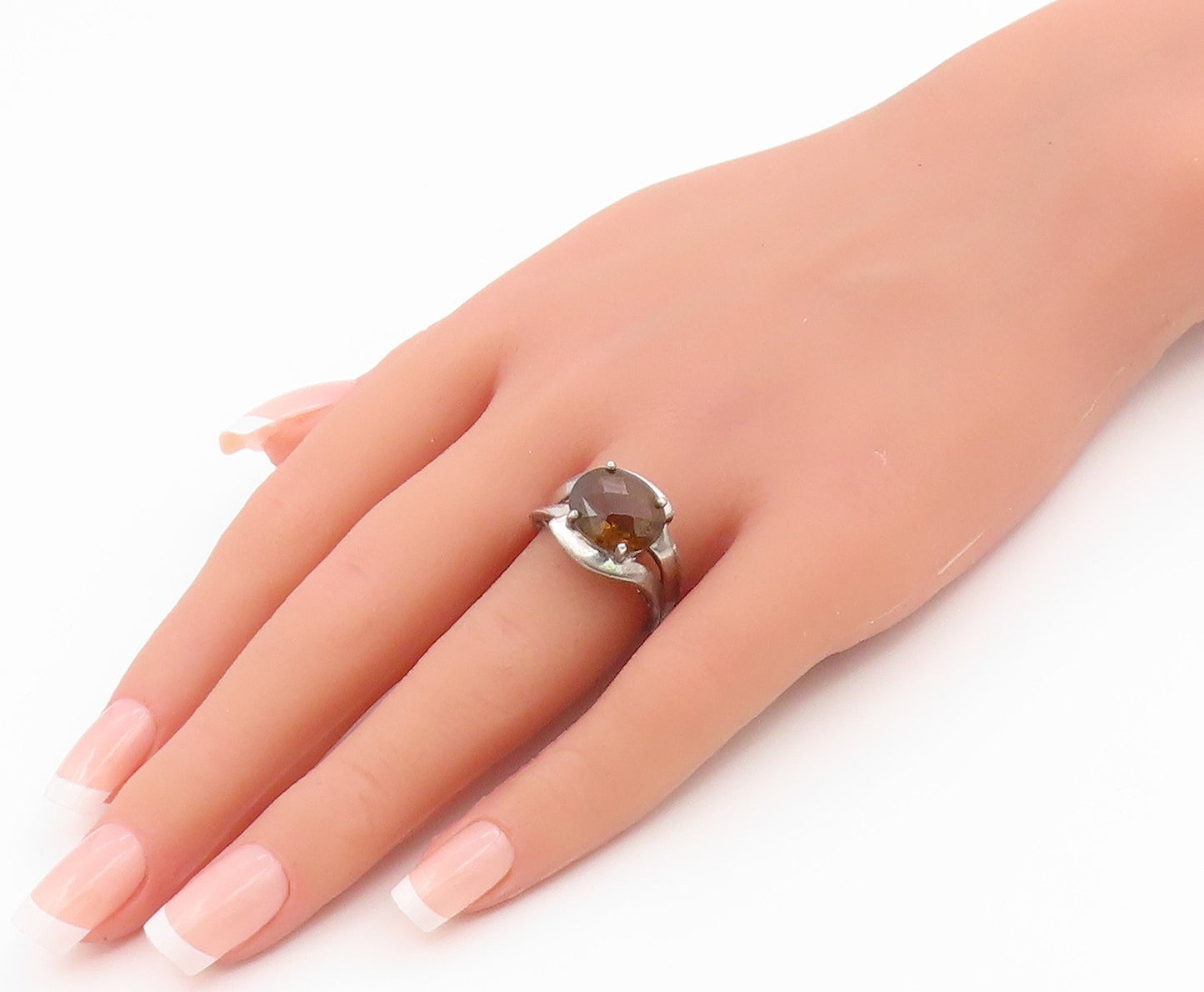 925 Sterling Silver Vintage Ring Modernist Smoky Quartz Band  Sz 7.5  RG36252
