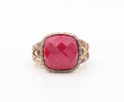 925 Sterling Silver Vintage Ring Split Band Square Red Gemstone  Sz 7  RG30301