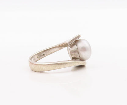 925 Sterling Silver Vintage Ring Designer Grey Pearl Bypass Design  Sz 6 RG29111
