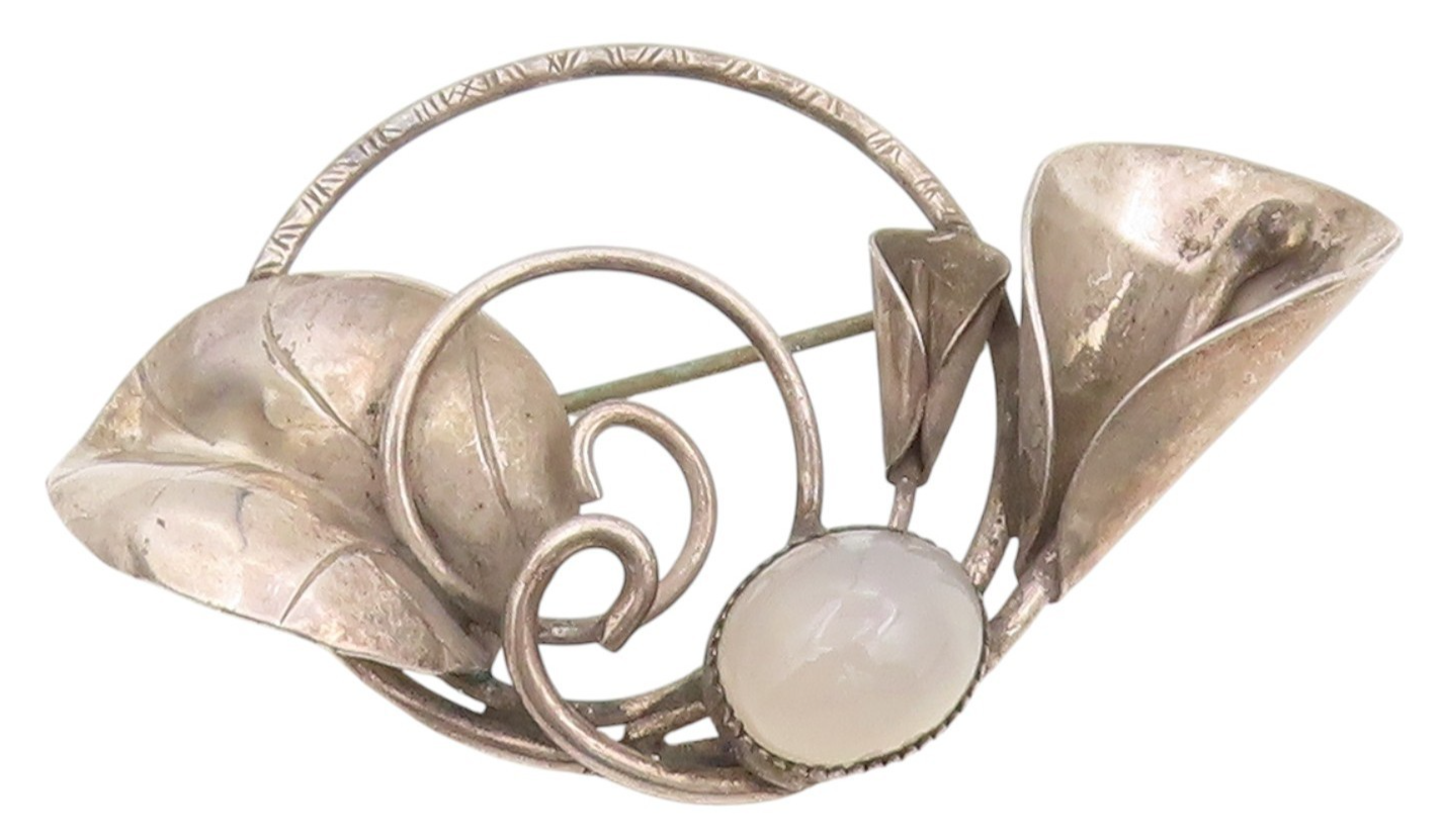 925 Sterling Silver Vintage Brooch Cabochon Moonstone Floral Blossom Pin BP12060