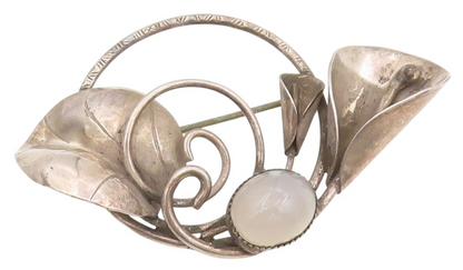 925 Sterling Silver Vintage Brooch Cabochon Moonstone Floral Blossom Pin BP12060