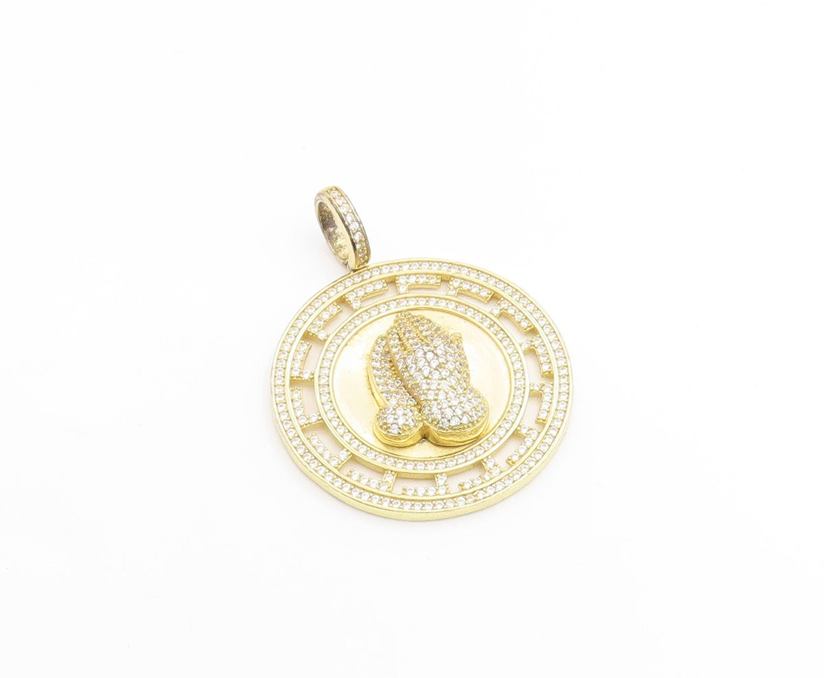 925 Sterling Silver Vintage Pendant Gold Plated CZ Praying Hands Medal   PT25259