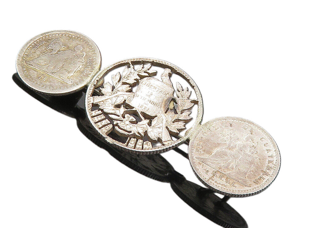 925 Sterling Silver  Vintage Antique Shiny Guatemala Coins Brooch Pin  BP3133