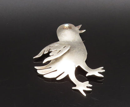 925 Silver  Vintage Carved Baby Bird With Blue Topaz Eye Brooch Pin  BP10068