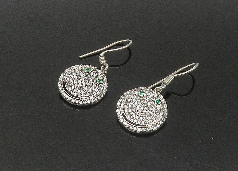 925 Sterling Silver  Vintage Shiny Topaz Smiley Face Dangle Earrings  EG10894