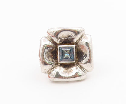 925 Sterling Silver Vintage Ring Modernist Blue Topaz Flower Band  Sz 7  RG36612