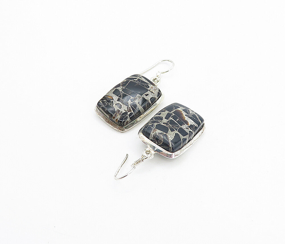 925 Sterling Silver  Vintage Black Onyx Mosaic Square Dangle Earrings  EG3173