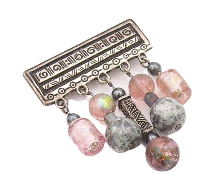 925 Sterling Silver Vintage Brooch Pin Carved Plate & Dangling Beads  BP10822