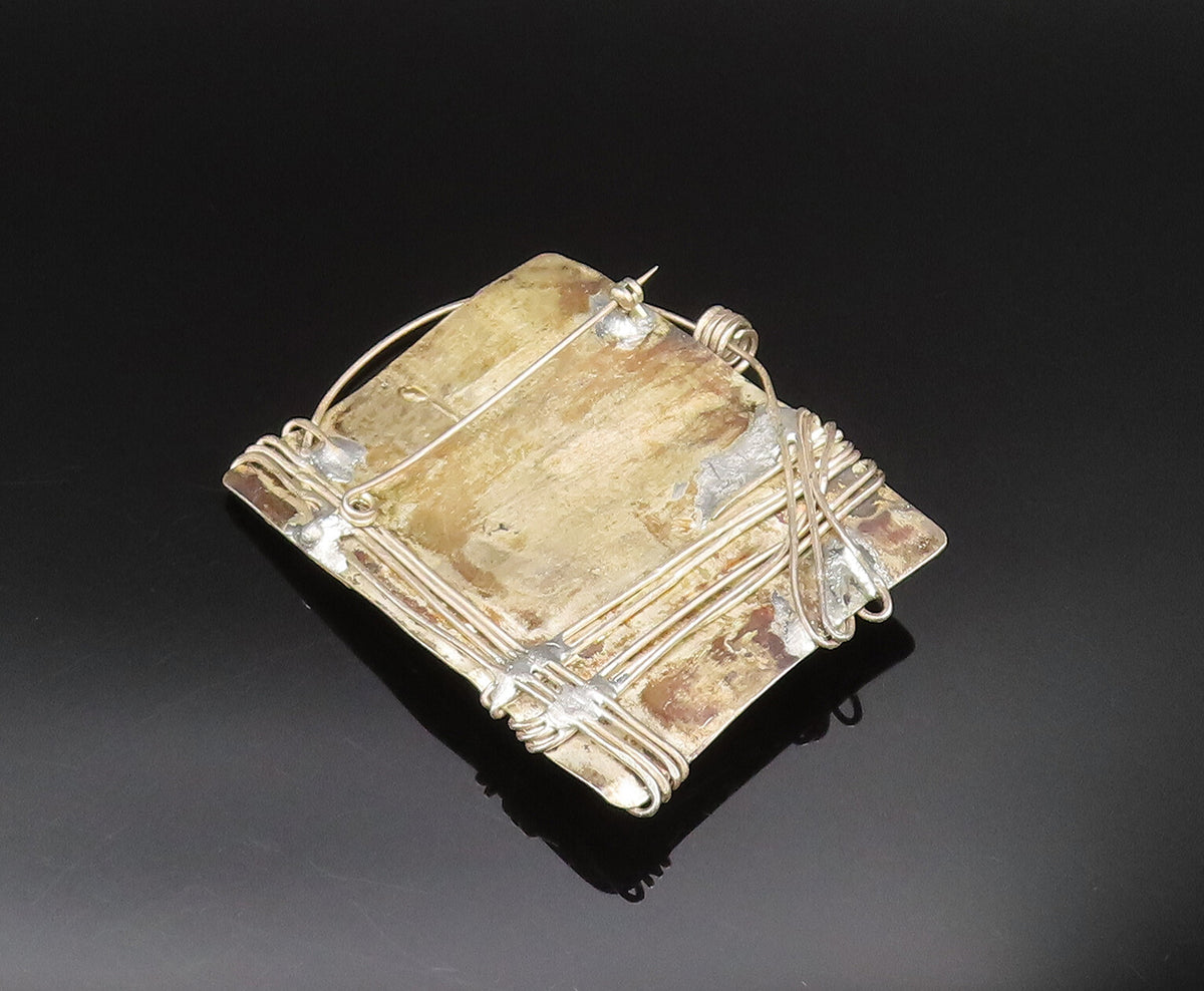 925 Sterling Silver  Vintage Wire Wrapped Modernist Amber Brooch Pin  BP9784