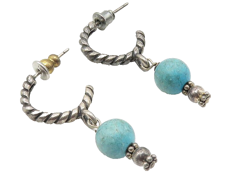 925 Sterling Silver  Vintage Turquoise Bead Twist Dangle Earrings  EG5720