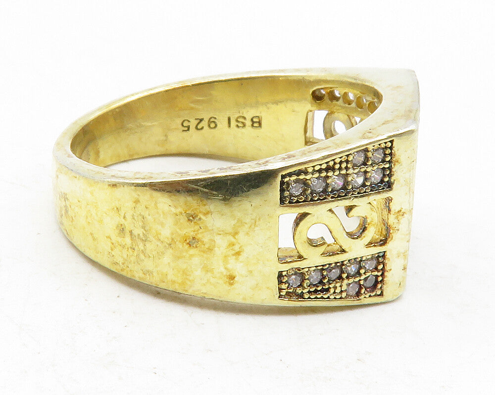 925 Sterling Silver  White Topaz Gold Plated Square Band Ring Sz 9  RG12213