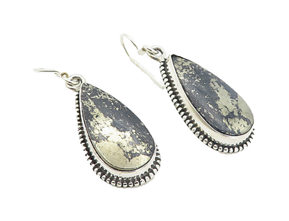 925 Sterling Silver  Tear Drop Pyrite In Black Onyx Dangle Earrings  EG3714