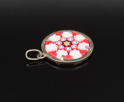 925 Silver  Vintage Double Sided Round Floral Art Glass Pendant  PT21295