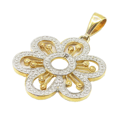 925 Sterling Silver  Shiny Two Tone Flower Motif Drop Pendant  PT8530