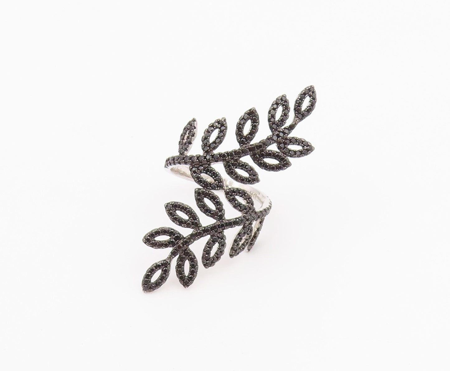 925 Sterling Silver Vintage Ring Elegant Black Spinel Leaf Bypass  Sz 9  RG36637