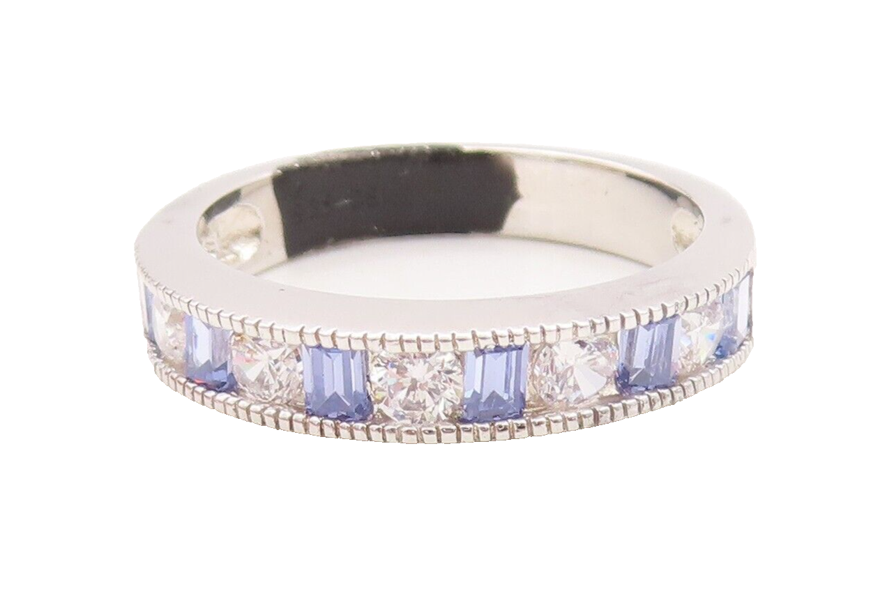 925 Sterling Silver Vintage Ring Rectangle Tanzanite Round CZ Band Sz 7 RG29221