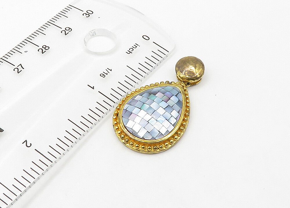 925 Sterling Silver  Vintage Mother Of Pearl Mosaic Tear Drop Pendant  PT17264