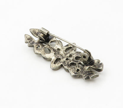 925 Sterling Silver  Vintage Shiny Hematite Floral Design Brooch Pin  BP5971