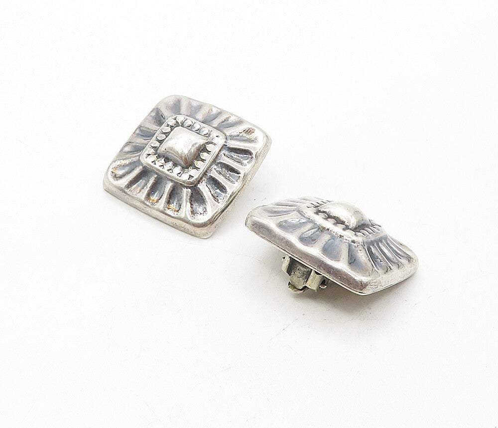 MEXICO 925 Silver  Vintage Shiny Fluted Square Non Pierce Earrings  EG3957