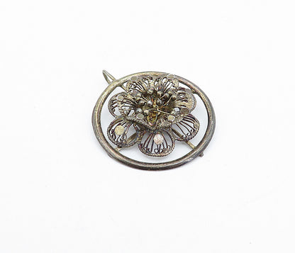 925 Sterling Silver  Vintage Dark Tone Flower Filigree Round Pendant  PT3064