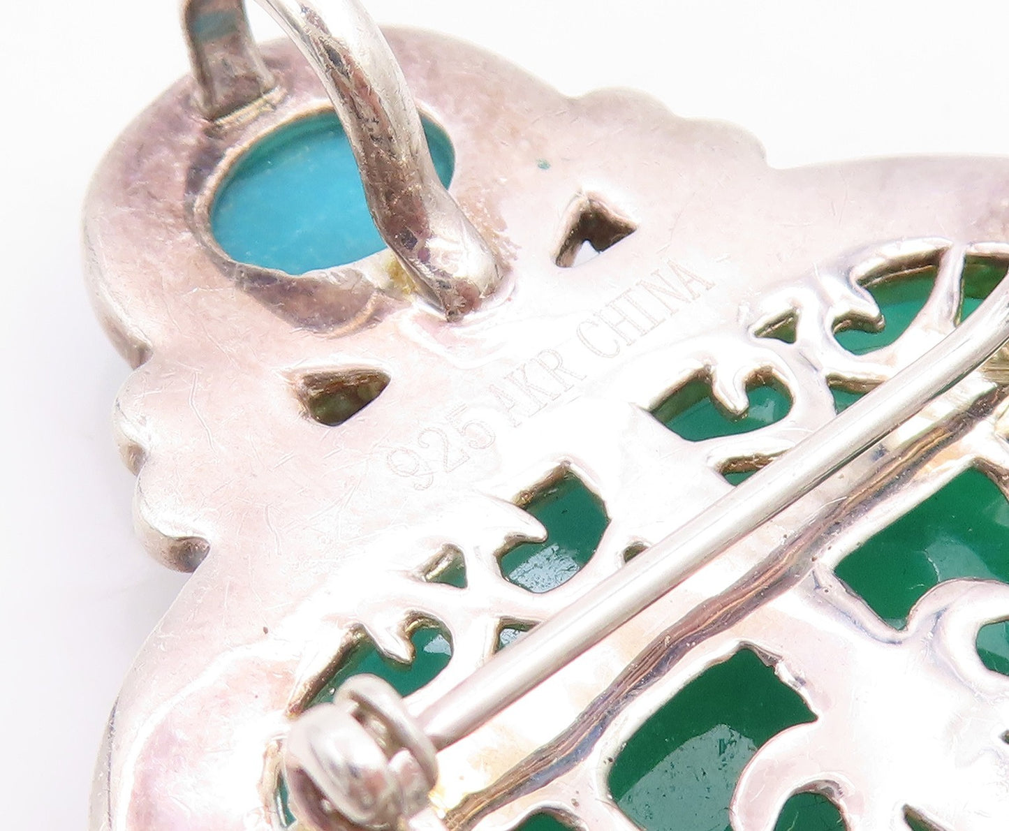 925 Sterling Silver Vintage Brooch Pin AMY KAHN RUSSEL Carved Chalcedony BP12253