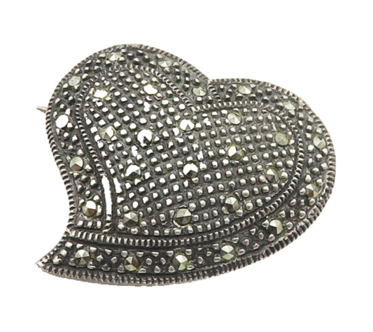 925 Sterling Silver  Vintage Sparkling Marcasite Love Heart Brooch Pin  BP7215