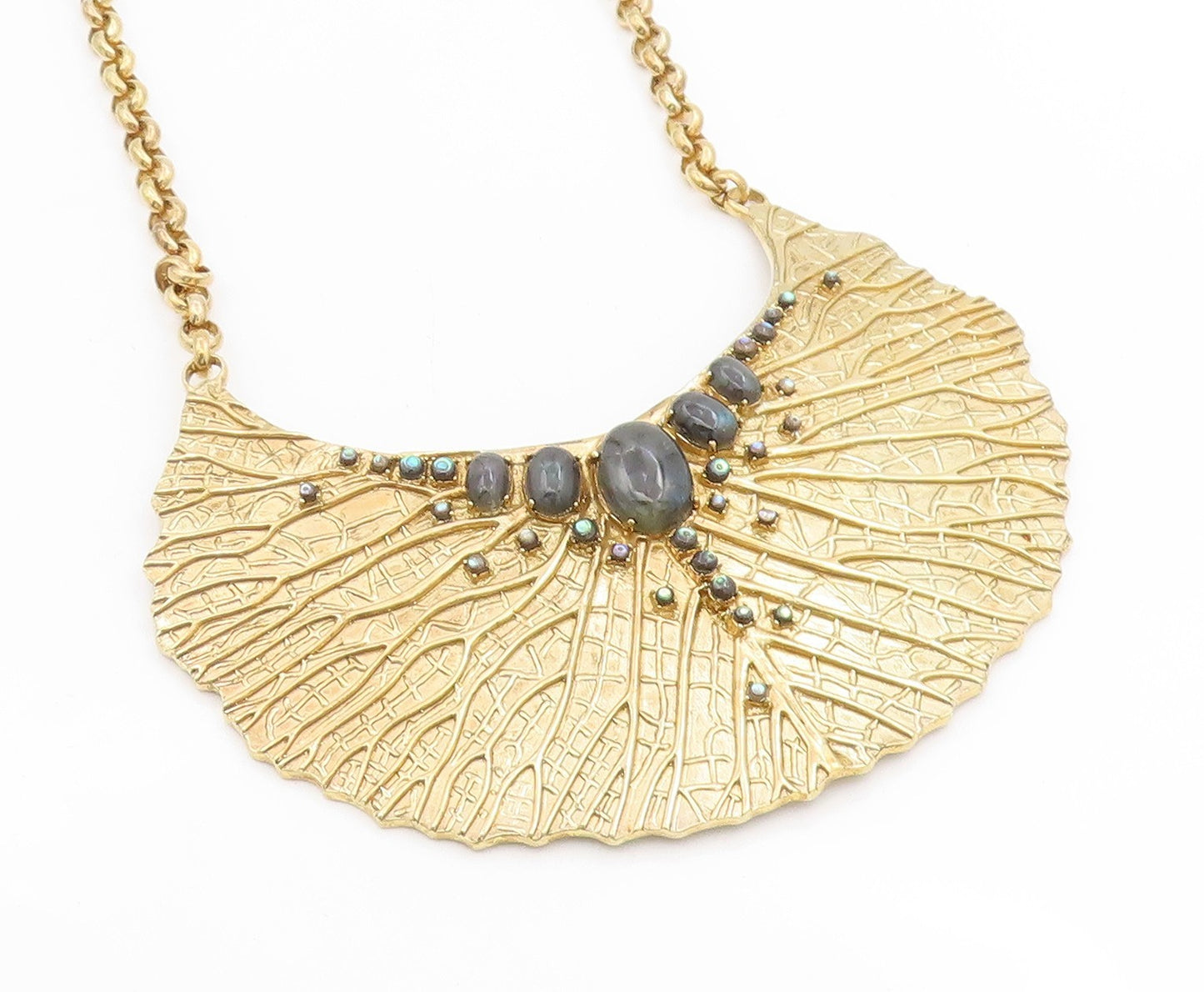 925 Sterling Silver Vintage Necklace Gold Plated Gemstone Textured Leaf  NE4696