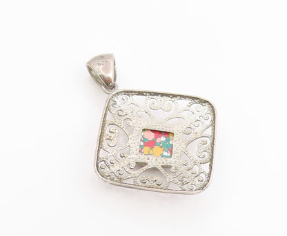 925 Sterling Silver Vintage Pendant Gemstone Classic Openwork Square  PT26118