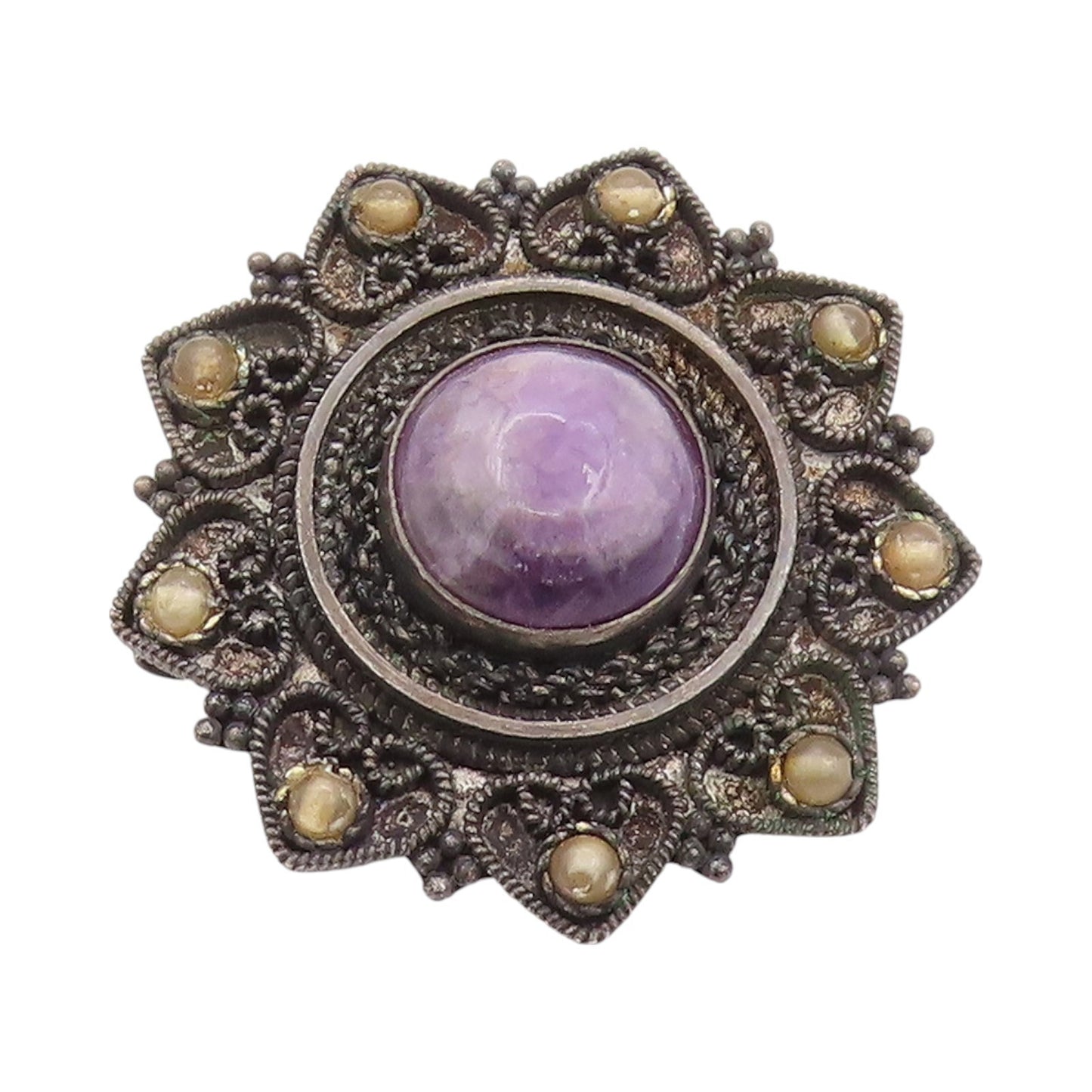 925 Sterling Silver Vintage Brooch Pin ISRAEL Antique Amethyst Gemstone  BP11565