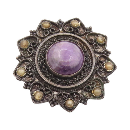 925 Sterling Silver Vintage Brooch Pin ISRAEL Antique Amethyst Gemstone  BP11565
