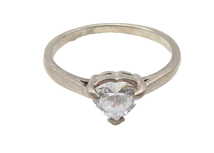 925 Sterling Silver  Vintage Cubic Zirconia Heart Solitaire Ring Sz 8  RG10437