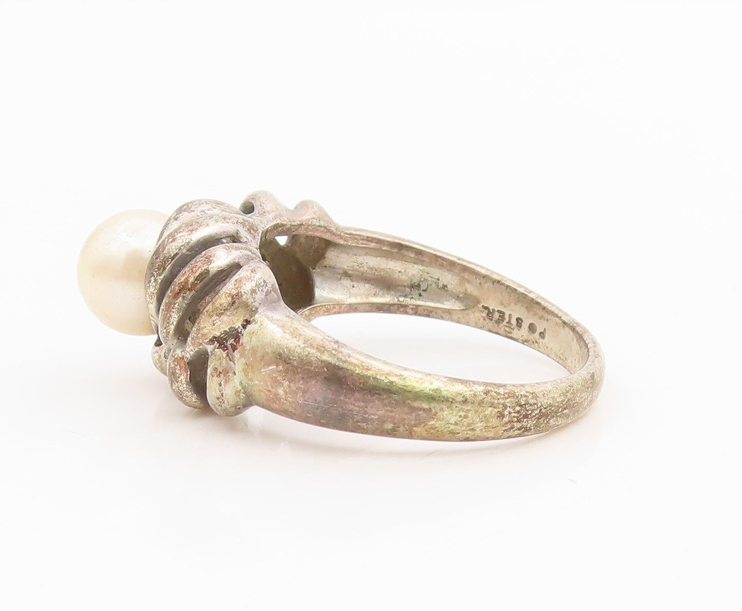 925 Sterling Silver Vintage Ring Round Pearl Elegant Woven Band  Sz 9  RG34888