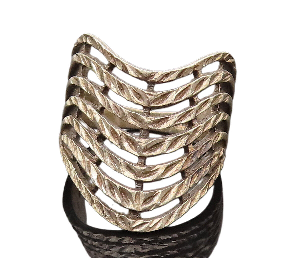925 Sterling Silver  Vintage Hammered Open Row Curved Ring Sz 9.75  RG26423