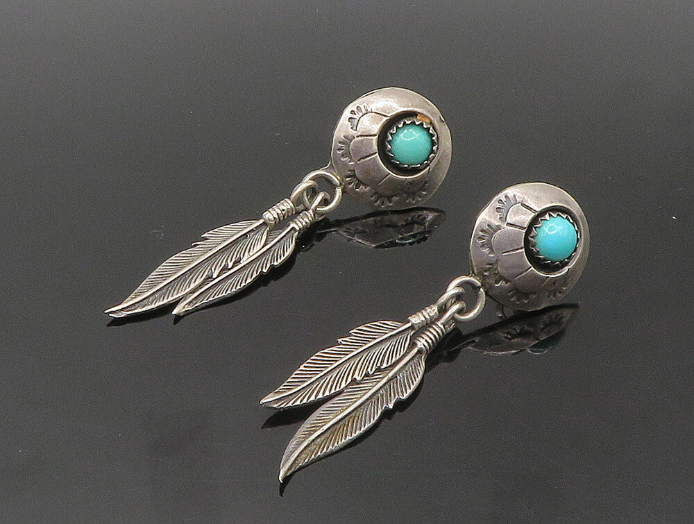 NAVAJO 925 Sterling Silver  Vintage Turquoise Feather Dangle Earrings  EG11554