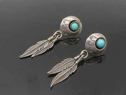 NAVAJO 925 Sterling Silver  Vintage Turquoise Feather Dangle Earrings  EG11554