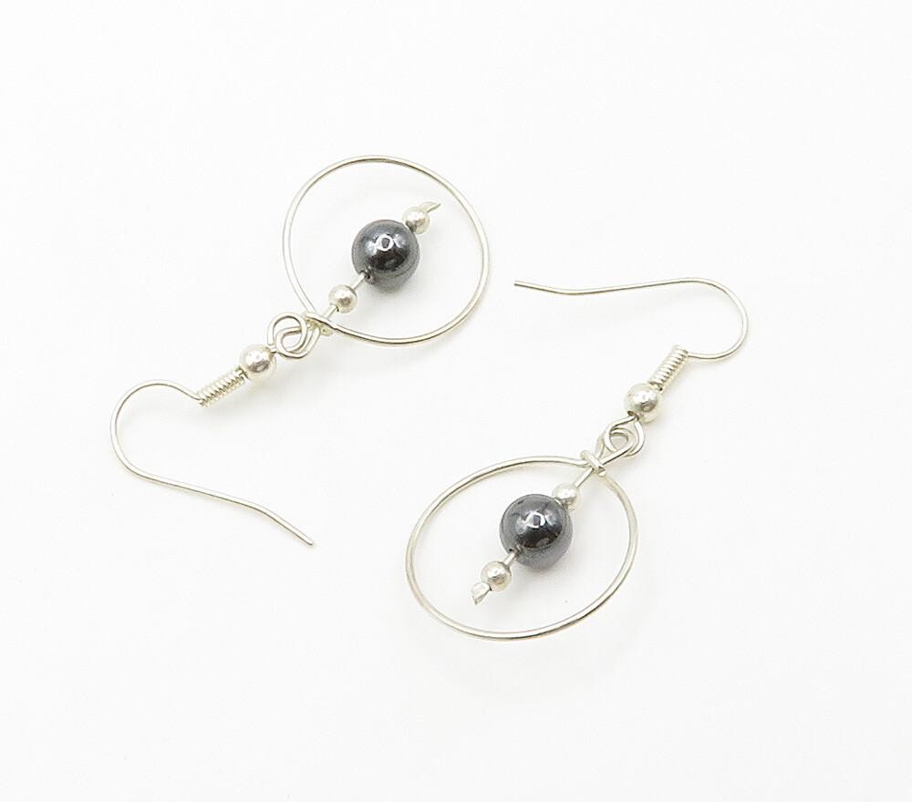 925 Sterling Silver  Shiny Hematite Bead Open Circle Dangle Earrings  EG7895