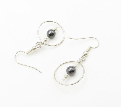 925 Sterling Silver  Shiny Hematite Bead Open Circle Dangle Earrings  EG7895