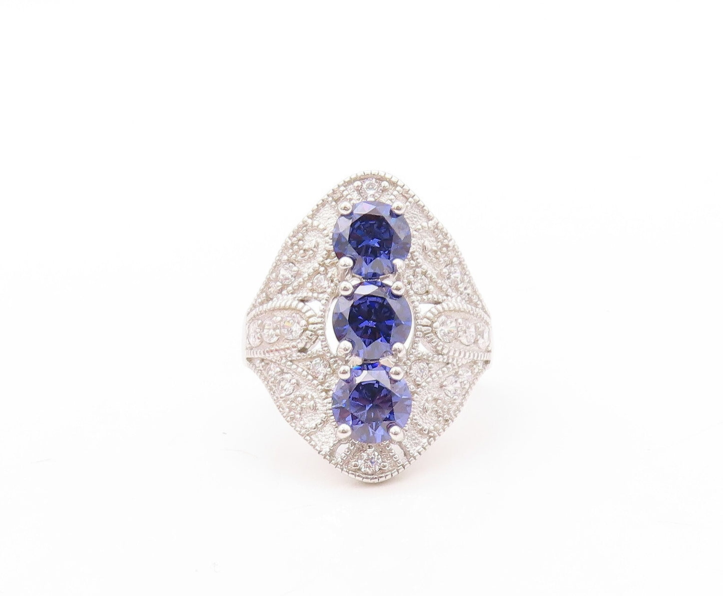 925 Sterling Silver Vintage Ring Bead Carved Sapphire & CZ Inlay  Sz 7  RG30942