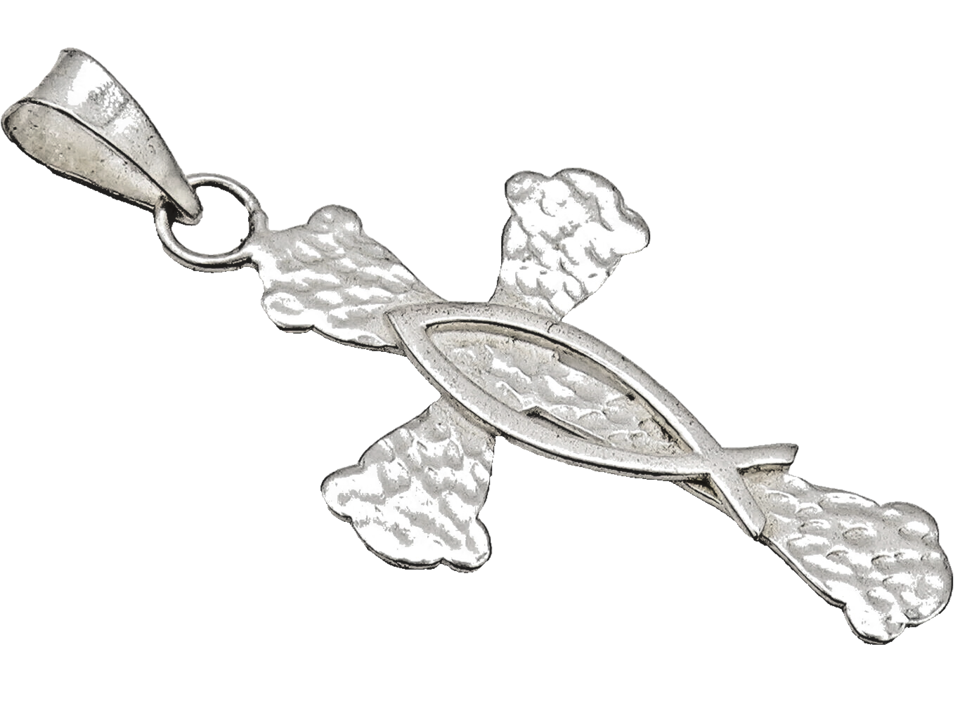 925 Sterling Silver  Vintage Hammered Cross Cut Fish Back Pendant  PT22362