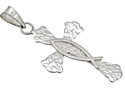 925 Sterling Silver  Vintage Hammered Cross Cut Fish Back Pendant  PT22362