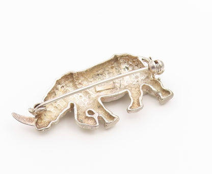 925 Sterling Silver Vintage Brooch Pin Emerald Eye Rhinoceros Figure  BP12638