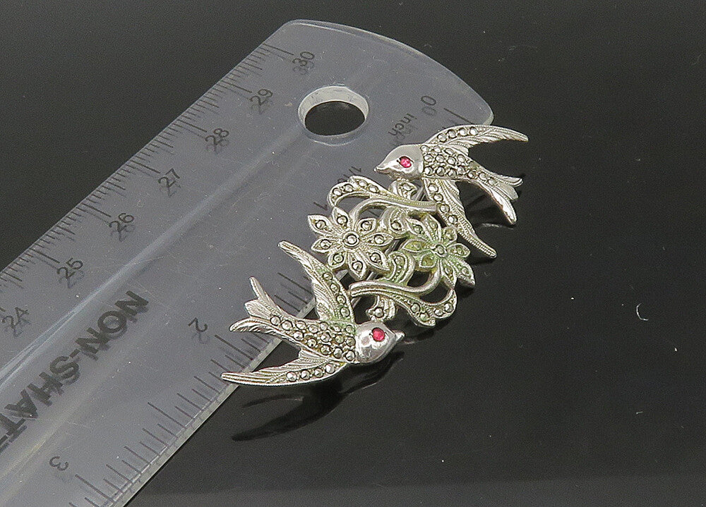 925 Sterling Silver  Vintage Pink Stone Eyes Shiny Birds Brooch Pin  BP8797