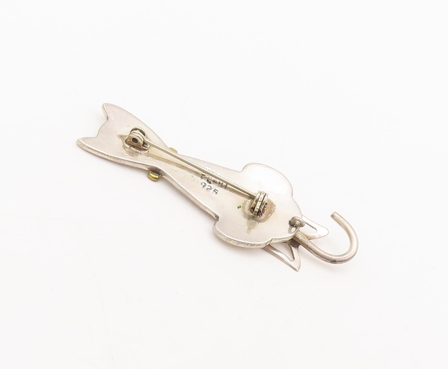 925 Sterling Silver Vintage Brooch Pin MEXICO Onyx Garnet Cat Bow Tail  BP10534