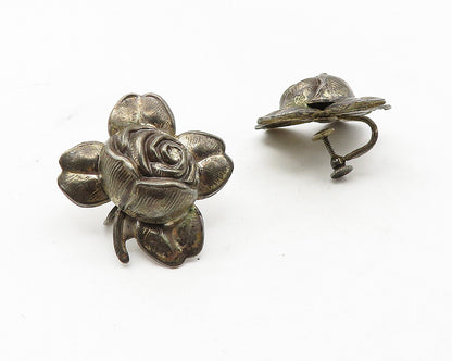 925 Sterling Silver  Vintage Dark Tone Flower Motif Non Pierce Earrings EG5869