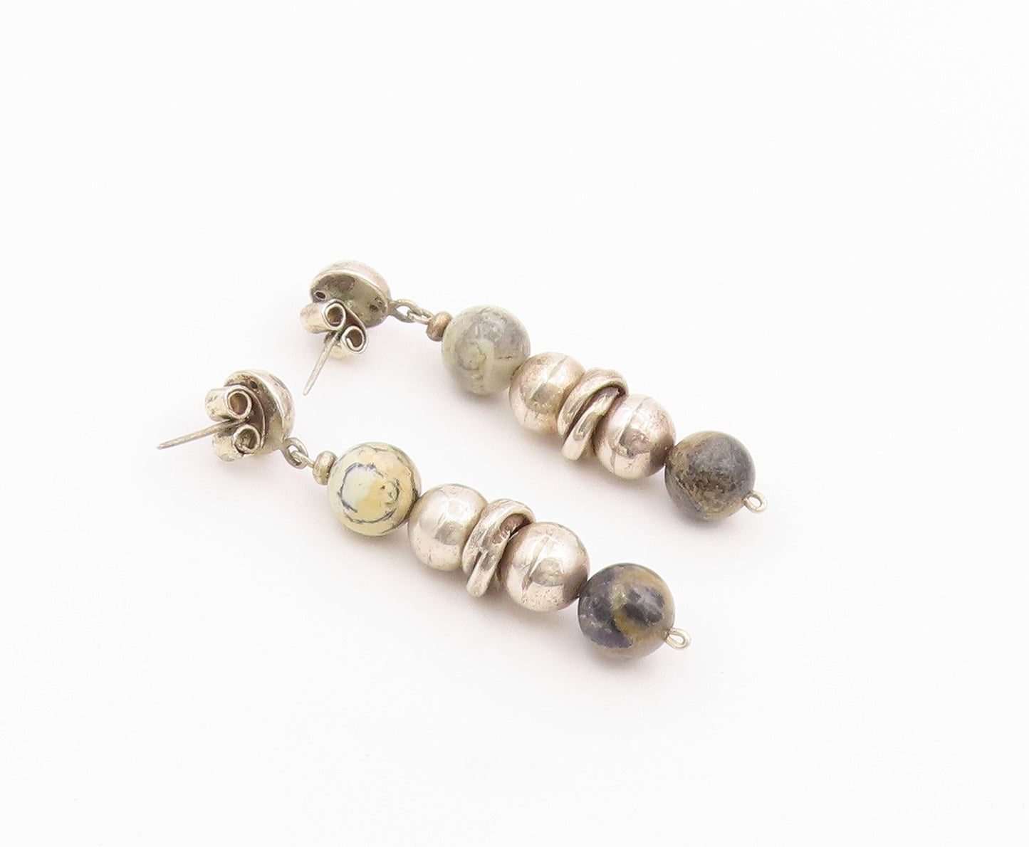 925 Sterling Silver Vintage Earrings Modernist Jasper Beaded Dangle  EG14438