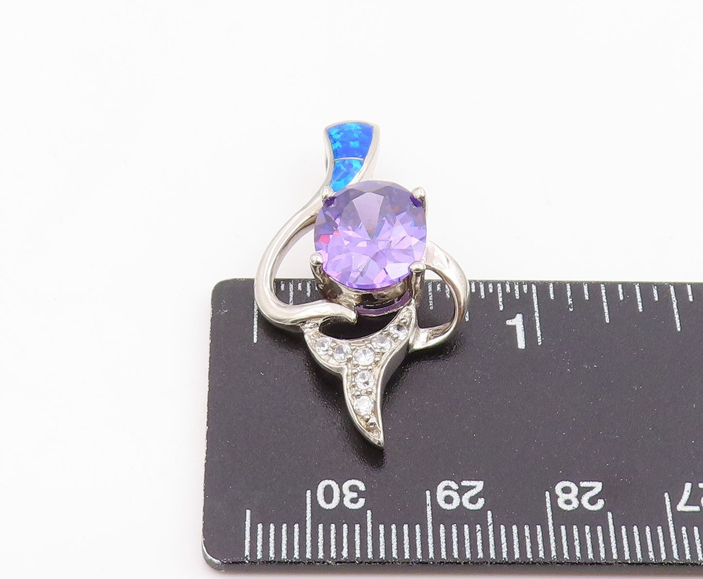 925 Sterling Silver Vintage Pendant Amethyst & Fire Opal Inlay Drop  PT25989