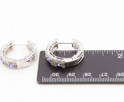 925 Sterling Silver Vintage Earrings Tanzanite Halo Sapphire Hoops  EG14335