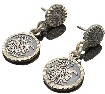 MEXICO 925 Sterling Silver  Vintage Warrior Head Dangle Earrings  EG10400
