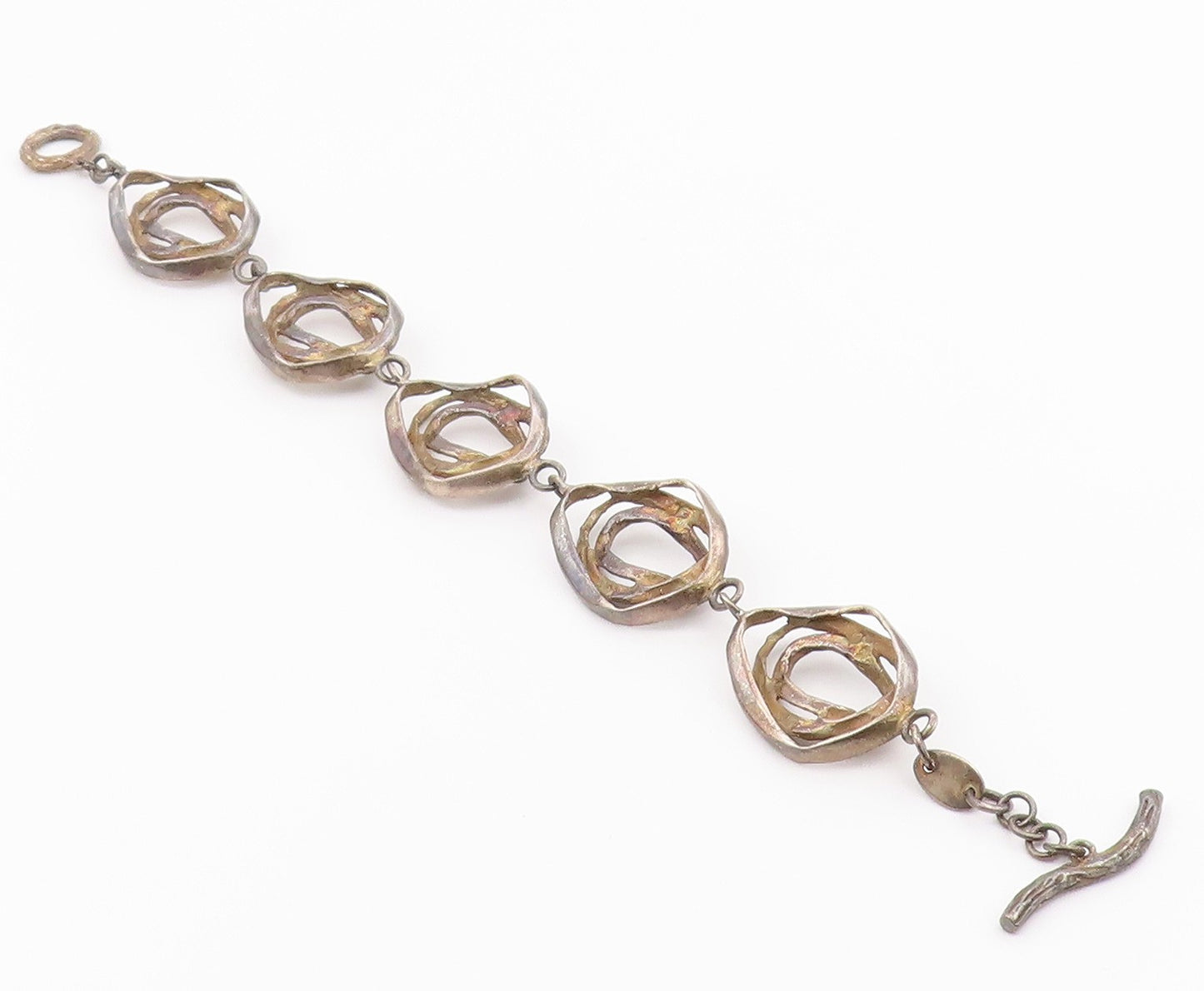 925 Sterling Silver Vintage Bracelet Brutalist Concentric Nest Loop Link BT12199