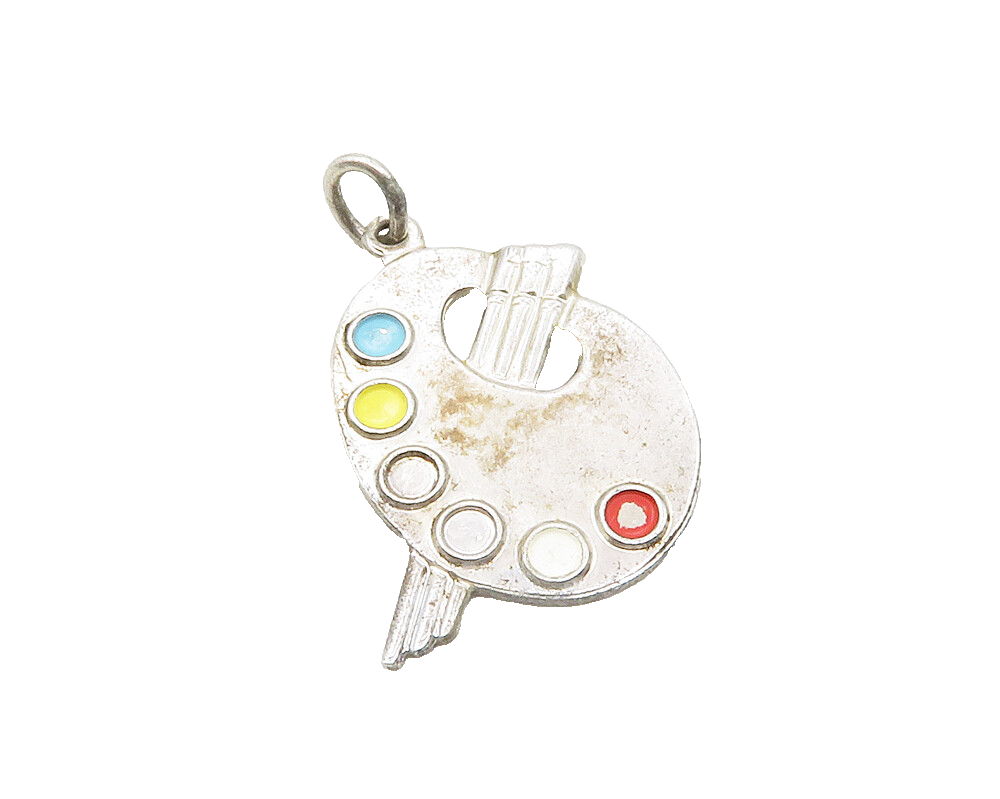 925 Sterling Silver  Vintage Enamel Detail Painter's Palette Pendant  PT10080